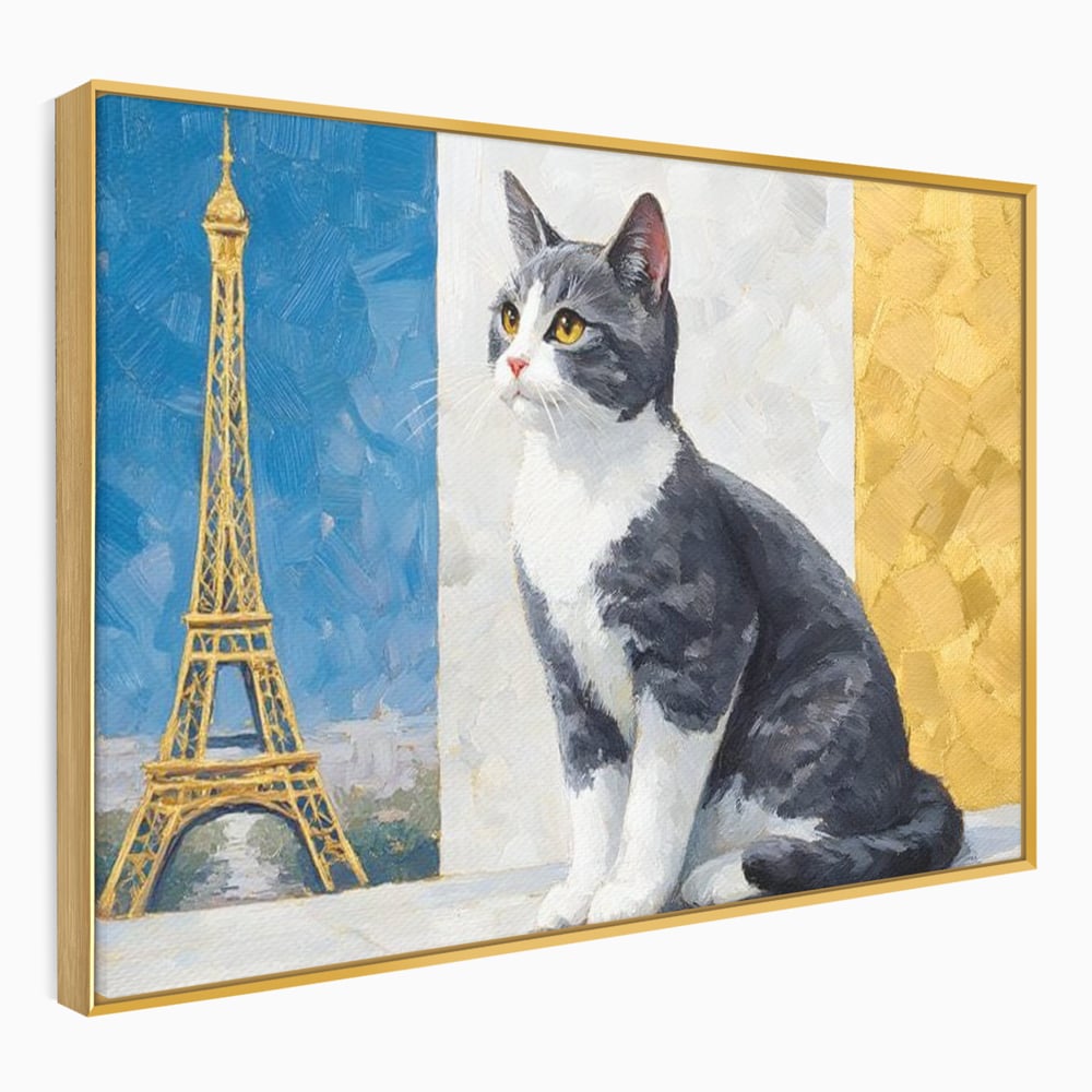 Tablou canvas cu tablou canvas cu pisica si turnul eiffel, in rama de aluminiu auriu